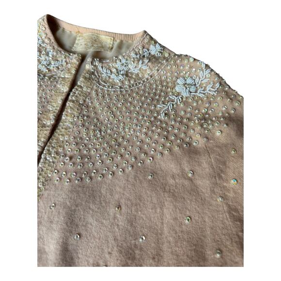 Vintage Jo Ro Imports Angora Lamb Wool Beaded Sequin pink white Cardigan small - Picture 10 of 16